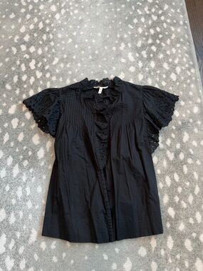 Woven Ruffle Eyelet Sleeve Blouse - Black - Rebecca Taylor - size 4